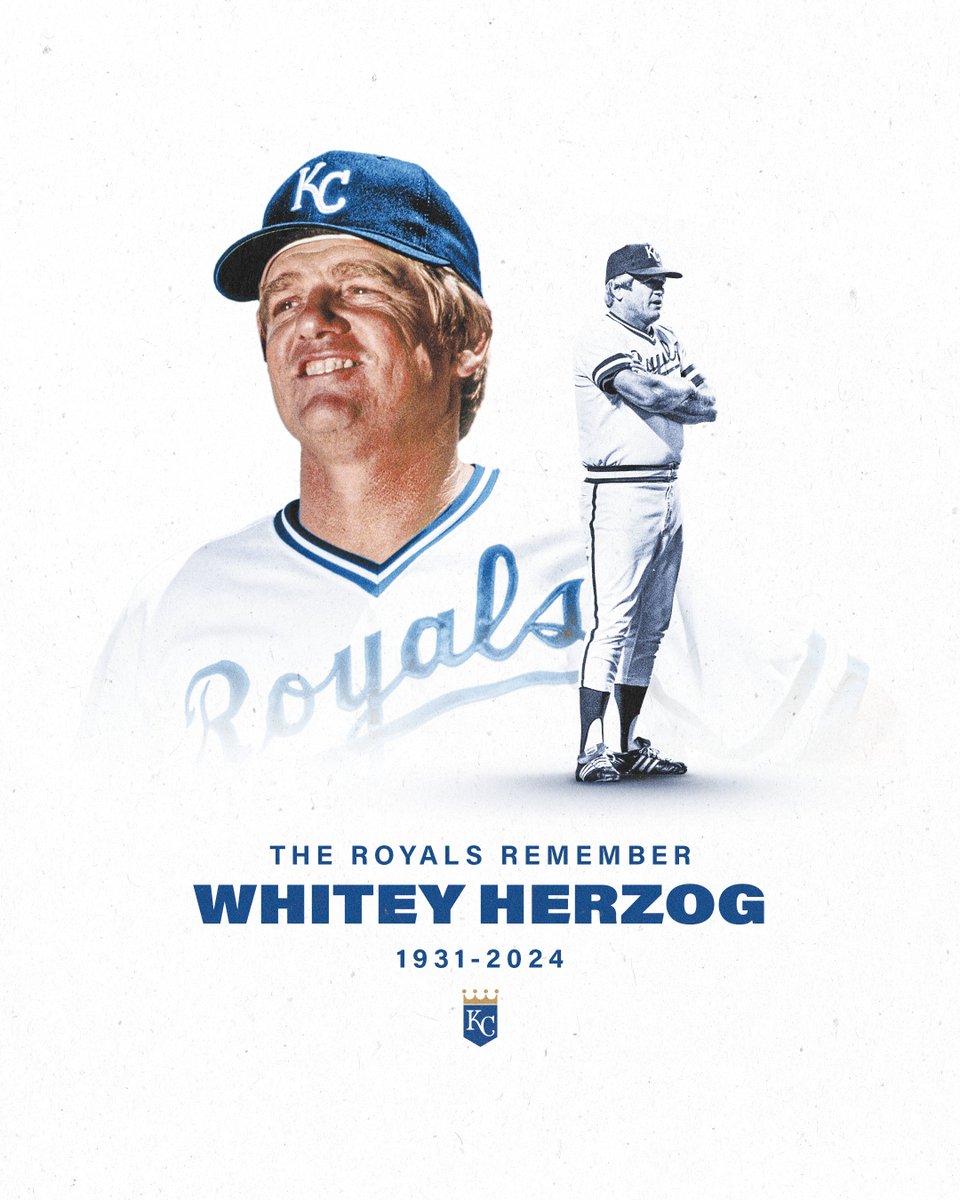 Royals's tweet photo. We join the baseball world in mourning the passing of our friend Royals and National Baseball Hall of Fame manager Whitey Herzog. We send our deepest condolences to his family and loved ones. https://t.co/NZ8yTzNnMZ