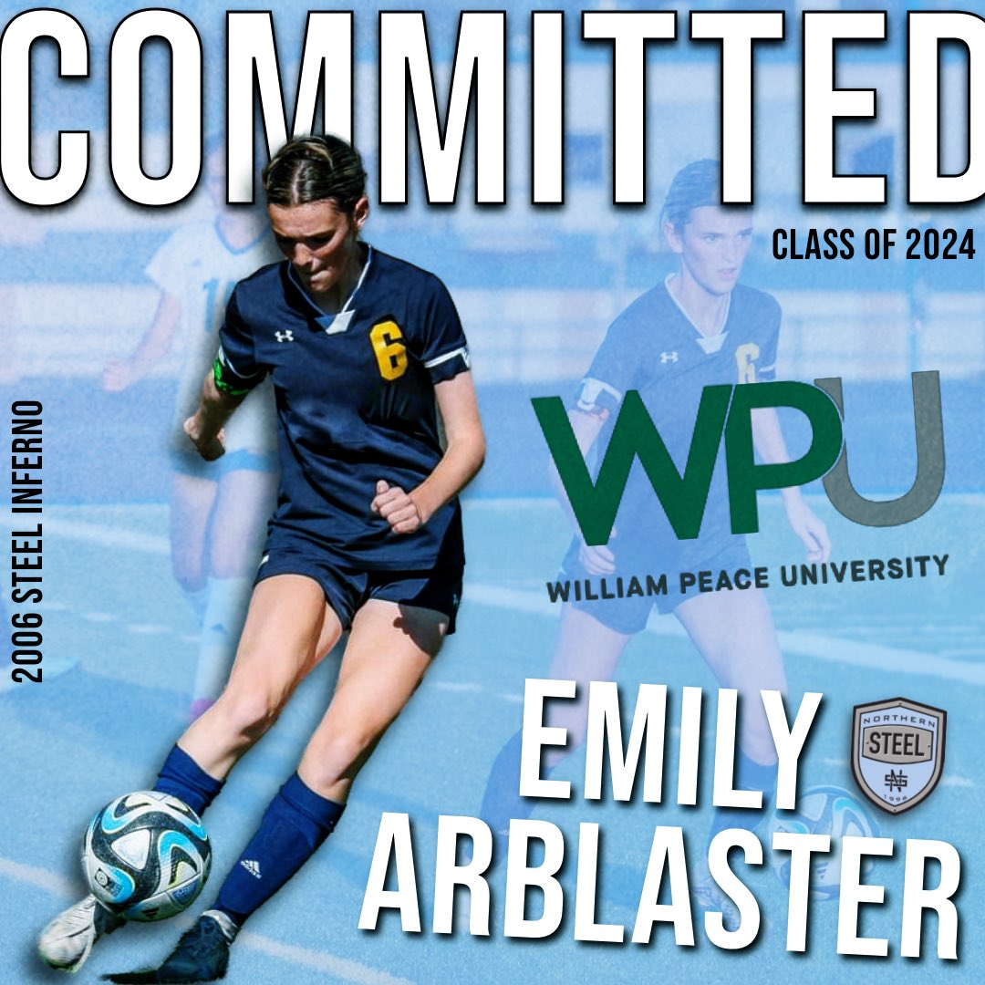 Northern Steel Soccer (@northernsteel_) on Twitter photo Congratulations to <a href="/EmilyArblaster/">Emily Arblaster</a> from 2006 Steel Inferno on her commitment to further her academic and athletic career at <a href="/WPeaceU/">William Peace Univ.</a> / <a href="/gopeacewsoc/">WPU Women's Soccer</a> in North Carolina! We’re very proud of you Emily. 🙌🏽
#SteelProud #NorthernSteel #Committed #CollegeSoccer Congratulations to <a href="/EmilyArblaster/">Emily Arblaster</a> from 2006 Steel Inferno on her commitment to further her academic and athletic career at <a href="/WPeaceU/">William Peace Univ.</a> / <a href="/gopeacewsoc/">WPU Women's Soccer</a> in North Carolina! We’re very proud of you Emily. 🙌🏽
#SteelProud #NorthernSteel #Committed #CollegeSoccer