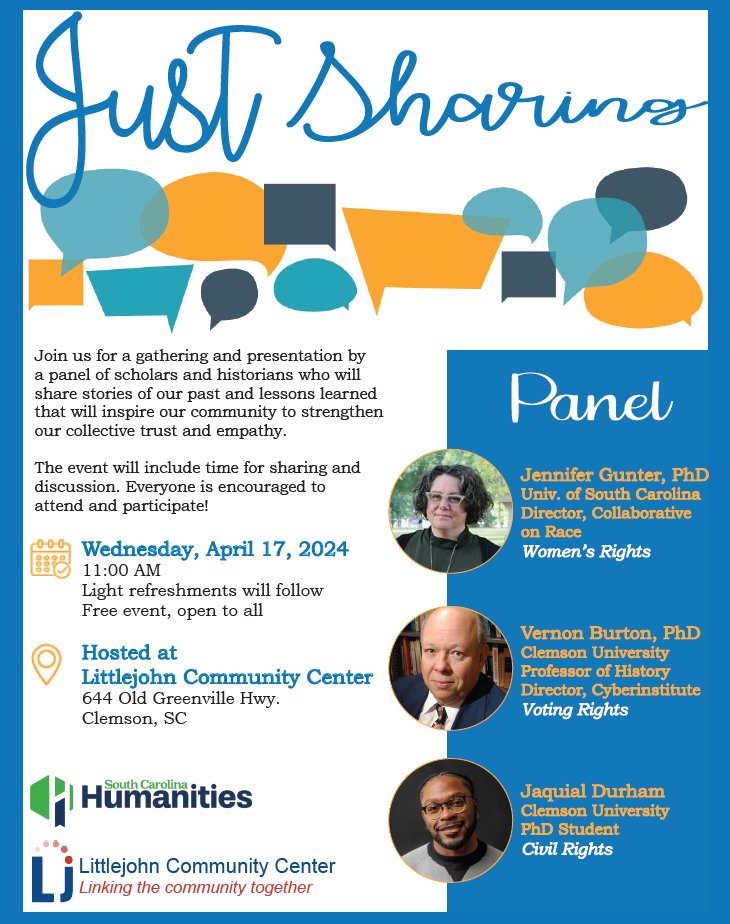 Tomorrow @ 11 am! <a href="/LittlejohnCC/">Littlejohn Community</a> hosts the next #JustSharing program in #ClemsonSC. Participate in a community discussion with panelists on stories of our past and the lessons learned. Funded by <a href="/NEHgov/">National Endowment for the Humanities</a> as part of #unitedwestand initiative. More here: bit.ly/4d1La5G