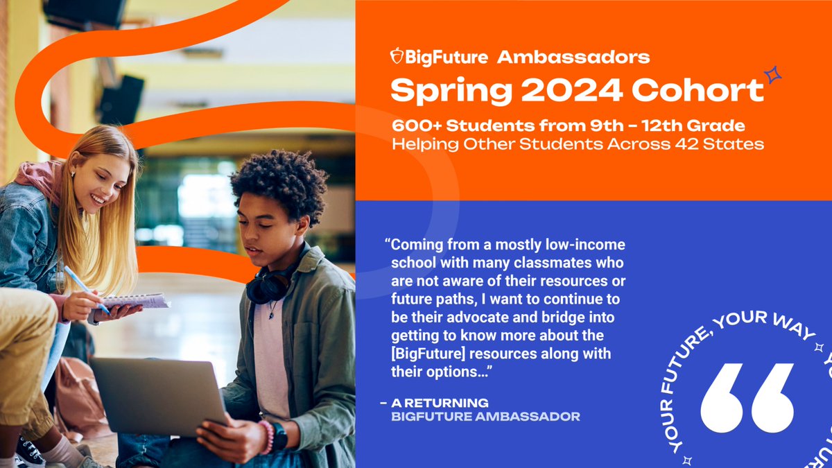 A warm welcome to more than 600 students nationwide who’ve joined the Spring cohort of #BigFuture Ambassadors. 🎉 

Together, they’re guiding their friends to navigate life after high school and helping us center student voices in all we do.