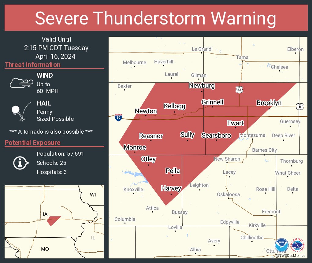 Severe Thunderstorm Warning including Newton IA, Pella IA and Grinnell IA until 2:15 PM CDT