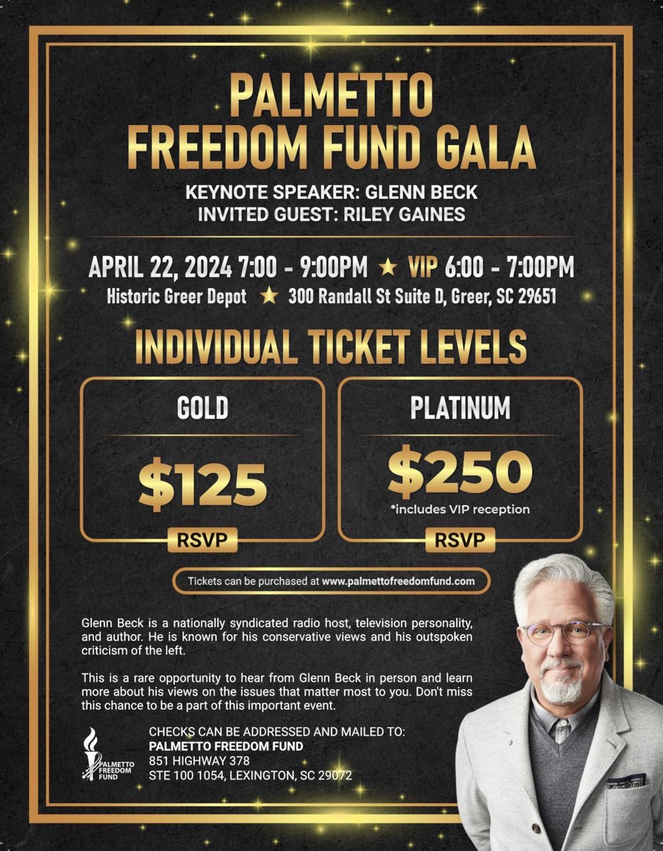 Join @glennbeck, @JimDeMint, @RepAdamMorgan, and more in Greer, SC this Monday for a fundraiser supporting the conservative movement in SC! Get tickets at eventbrite.com/e/palmetto-fre…
