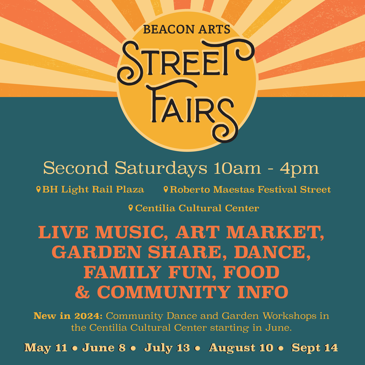 BeaconArtsSEA's tweet photo. We're thrilled to announce the return of the Beacon Arts Street Fair! Every Second Saturday of May through September from 10 am to 4 pm. We spreading our celebration from the Roberto Maestas Festival St to include the Beacon Hill Light Rail Plaza and the Centilia Cultural Center. https://t.co/ucdNu9gE31