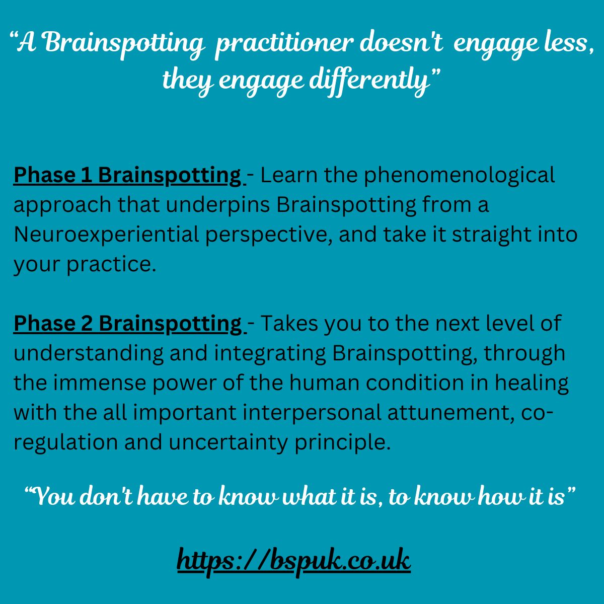 Join us for the next Phase 1 and Phase 2 Brainspotting training. Transform the way you see and experience healing for yourself and others and become part of an ever growing community.
Phase 1 - 18th - 20th October 2024
Phase 2 - 8th - 10th November 2024