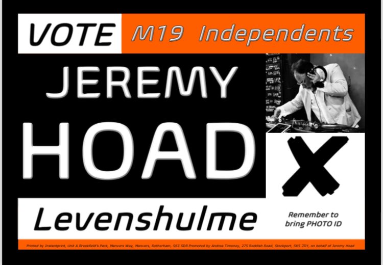 Jeremy Hoad has a new election poster for 2024. #LocalElections2024 #Levenshulme #M19independents #jeremyhoad