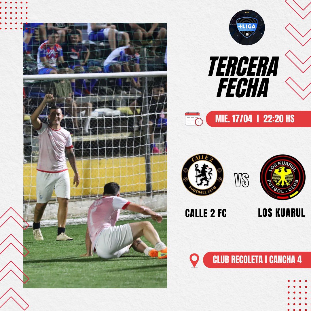 🔜 Tercera fecha <a href="/ligadetuiteros/">+Liga Slots del Sol</a> ⚽️
Enfrentamos al equipo de <a href="/LosKuarulFC/">Los Kuarul</a> 
¡VAMOS CALLE 2! 🔴⚪️
#JuntosHastaElFinal 🫡