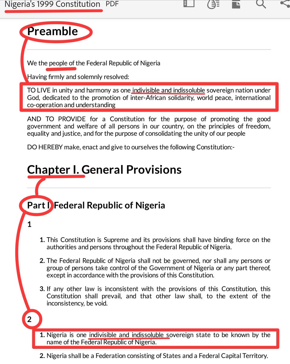 The myth that Nigeria is indivisible/indissoluble is rubbish. The Constitution has been amended several times. Amend it, to replace the lies (image below) with a Self-Determination Clause, and watch that country dissolve within three to five years. Oyinbo se pensu✏️, o se erasa.