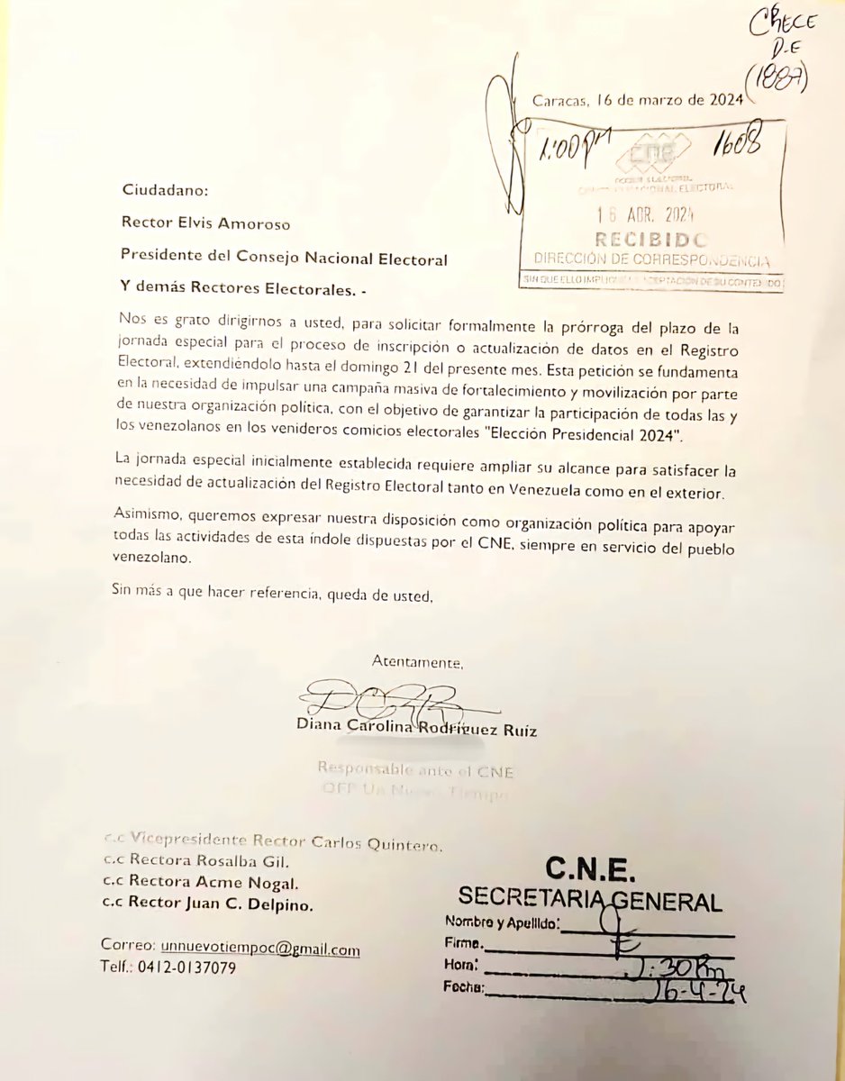 ¡Hoy #16Abr, a la 1pm hemos consignado formalmente ante el #CNE una solicitud de extensión del lapso de inscripción y actualización en el Registro Electoral! Seguimos comprometidos con el voto y la participación de los venezolanos. #ParticipaciónCiudadana #Elecciones2024 #28Jul