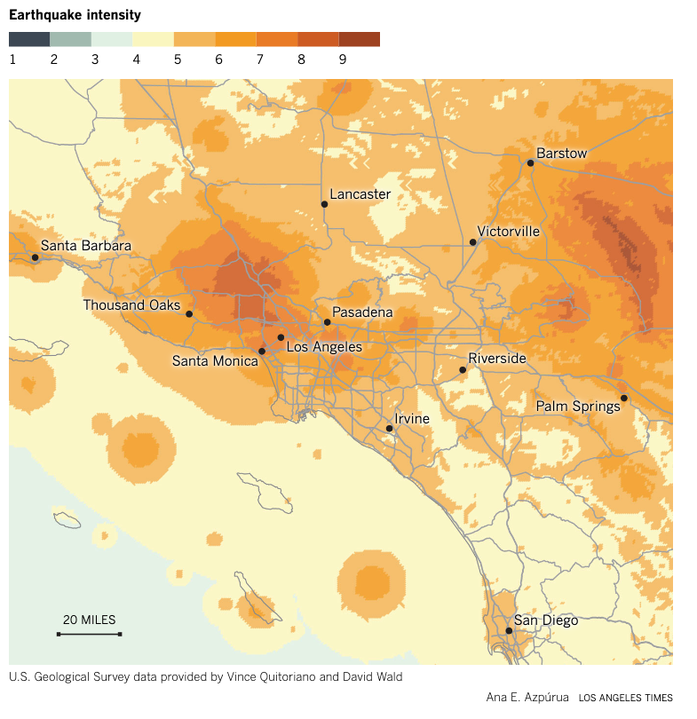 Why do some people never feel earthquakes? Sometimes it has to do with where you are. The map displays the strongest shaking — or highest intensity — recorded at each point in Southern California since 1974. latimes.com/lifestyle/stor…