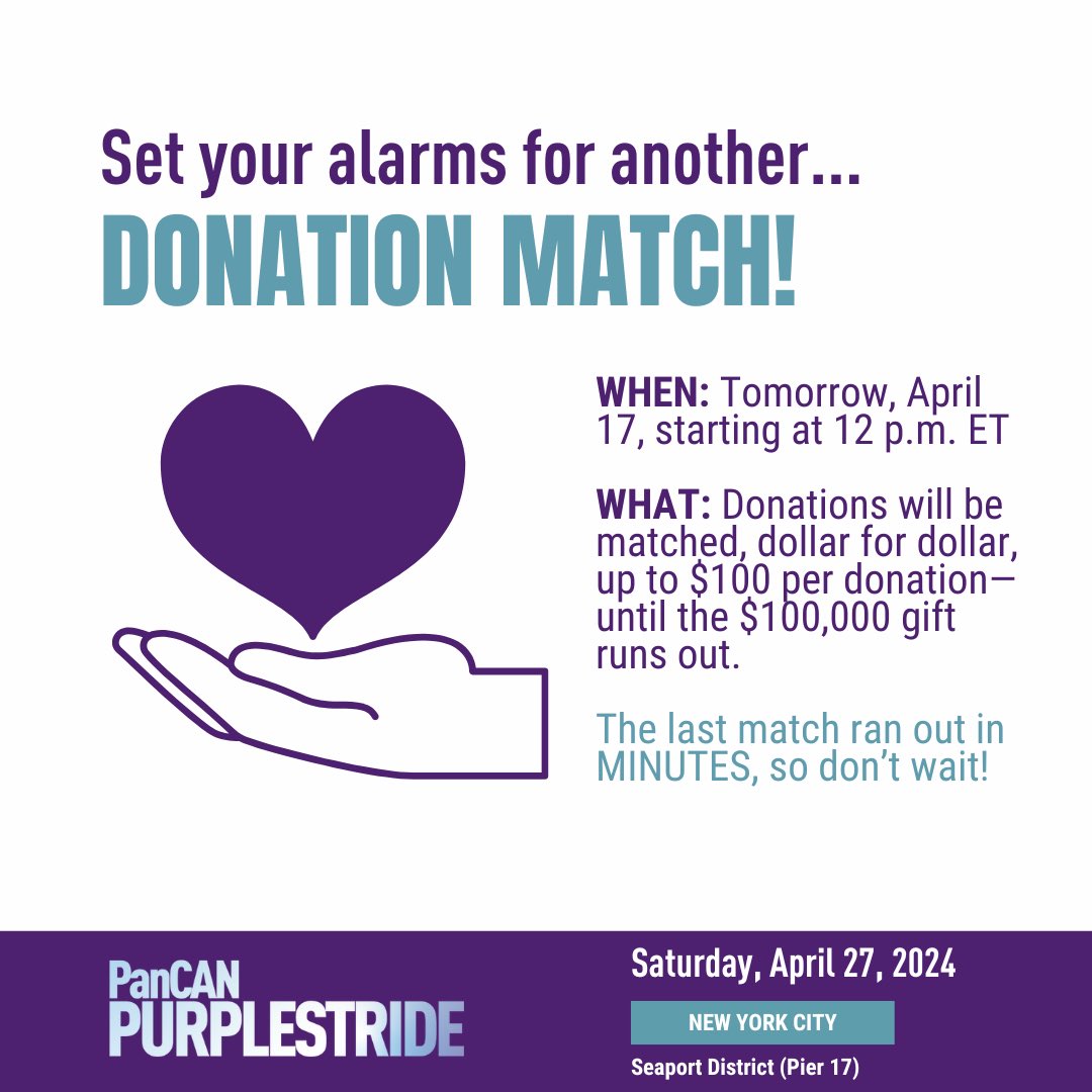 Tomorrow, starting at 12 p.m. ET, donations to PanCAN PurpleStride NYC fundraiser can be doubled thanks to a generous $100,000 gift from the Daniel J. Kobasic Foundation. This match will run out quick!

Double your impact tomorrow: secure.pancan.org/site/TR/Purple…