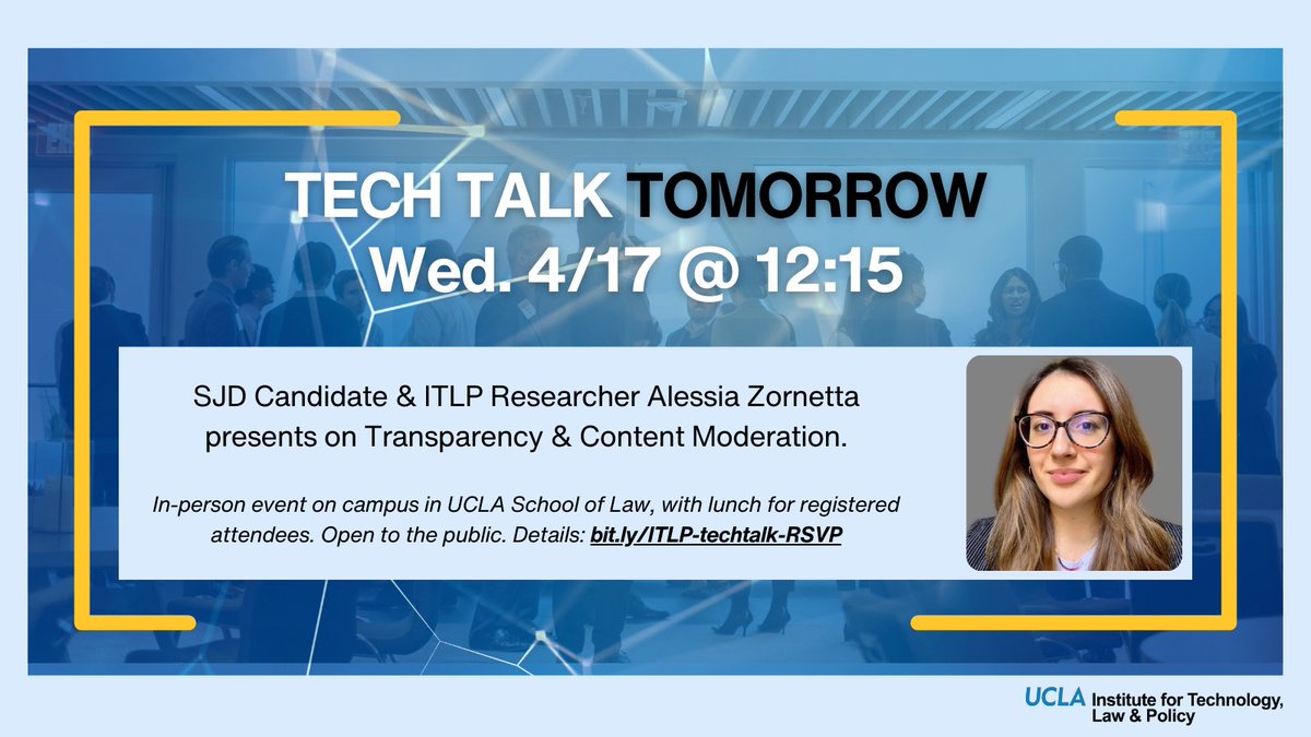 Tomorrow, Wednesday, 4/17 brings the last Tech Talk of the term! Hear from ITLP researcher and SJD candidate Alessia Zornetta on #transparency and #contentmoderation. Details and registration: bit.ly/ITLP-techtalk-…