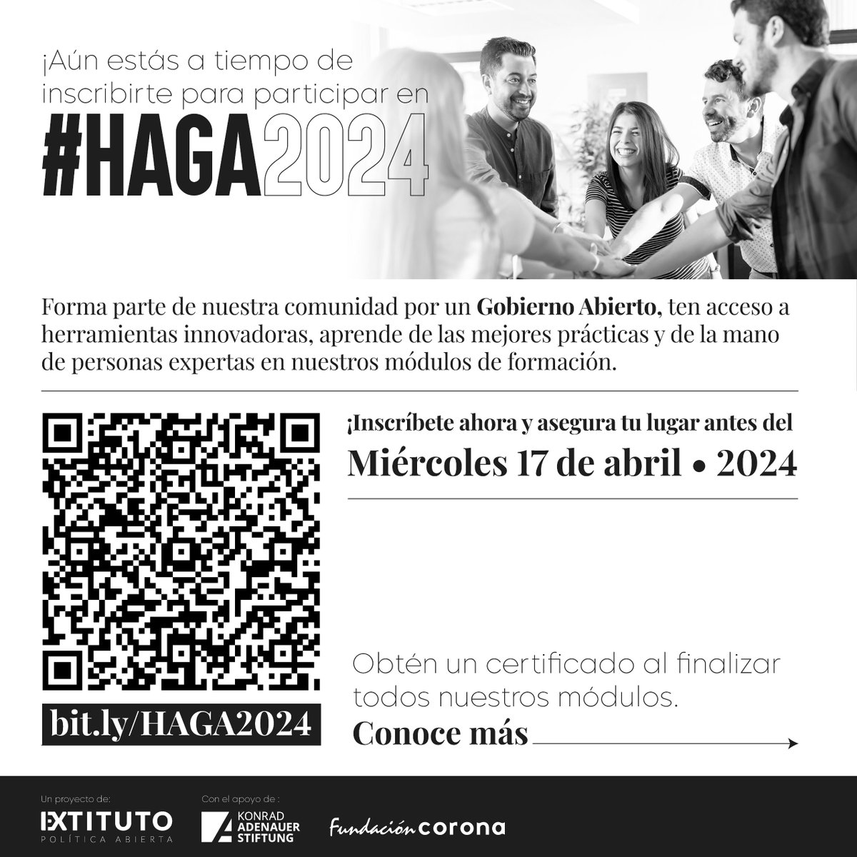 🚨 ¡Último día de inscripciones! 🚨 Aún estás a tiempo de participar de nuestros módulos de formación. ¡Inscríbete antes del 17 de abril si te interesa aprender más sobre Gobierno Abierto en Colombia y cómo aplicarlo en tu contexto! +info👉bit.ly/HAGA2024