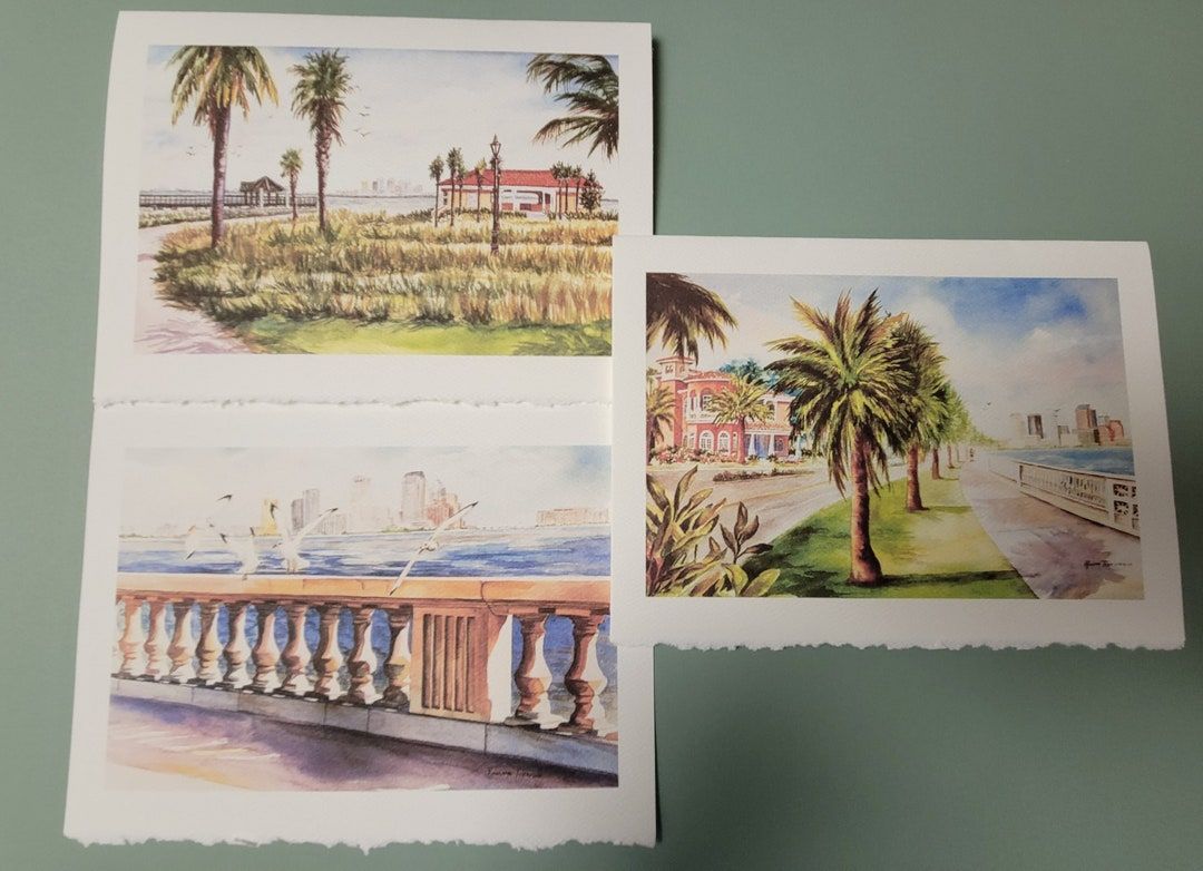 Historic #BAYSHORE BLVD, Tampa Florida 3 - 5 x 7 Note #Art #Cards, 11x14 #watercolor prints @RTobaison WatercolorsNmore #MacDill etsy.com/listing/174288…  #cctag