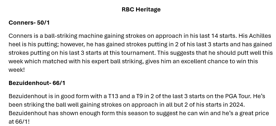 FGD_Sports's tweet photo. My bets this week for RBC Heritage on the PGA Tour. Taking on the top of the market this week as I'd be surprised if any of them apart from Scottie won. Good luck to anyone having a bet! #RBCHeritage #PGATour #BettingX #bettingsports #SportsBettingX https://t.co/AGc9ClFF2Z