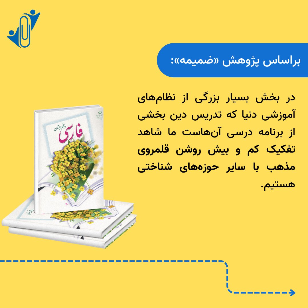 zamimehorg's tweet photo. آیا می‌دانید صحبت از موضوعات دینی در دروس کتاب‌های درسی دوره ابتدایی ایران تا چه اندازه است؟

 مطالعه و دانلود رایگان پژوهش #ضمیمه روی کتاب‌های درسی:
https://t.co/qtzys4DcFS https://t.co/WlyqsqxUVe