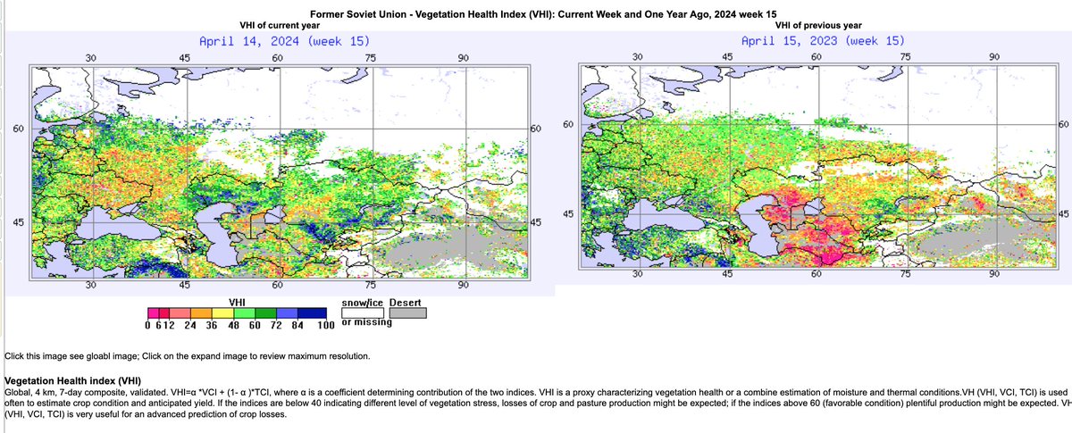 The FSU vegetation health composites this year (left April 14) and last.