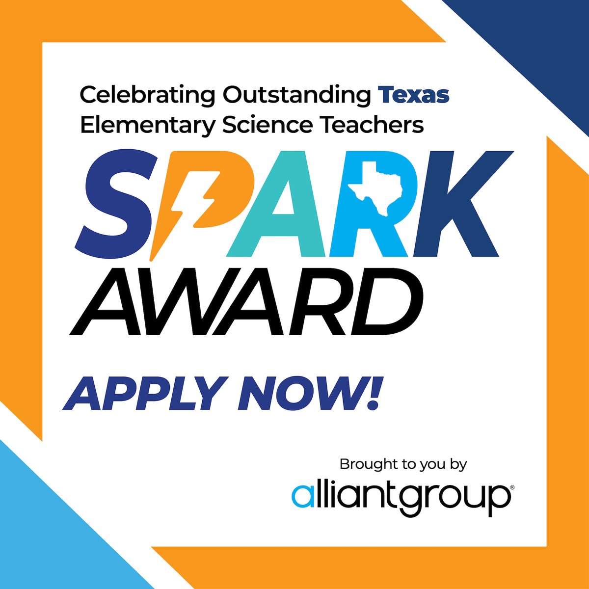 alliantgroup is now accepting applications for the 2024 SPARK AWARD, which recognizes elementary science teachers in TEXAS! ·The overall winner gets $3,500 + $500 for their class ·Five finalists get $1,300 + $500 for their class ·Deadline: 05/27 APPLY: shorturl.at/duzBG