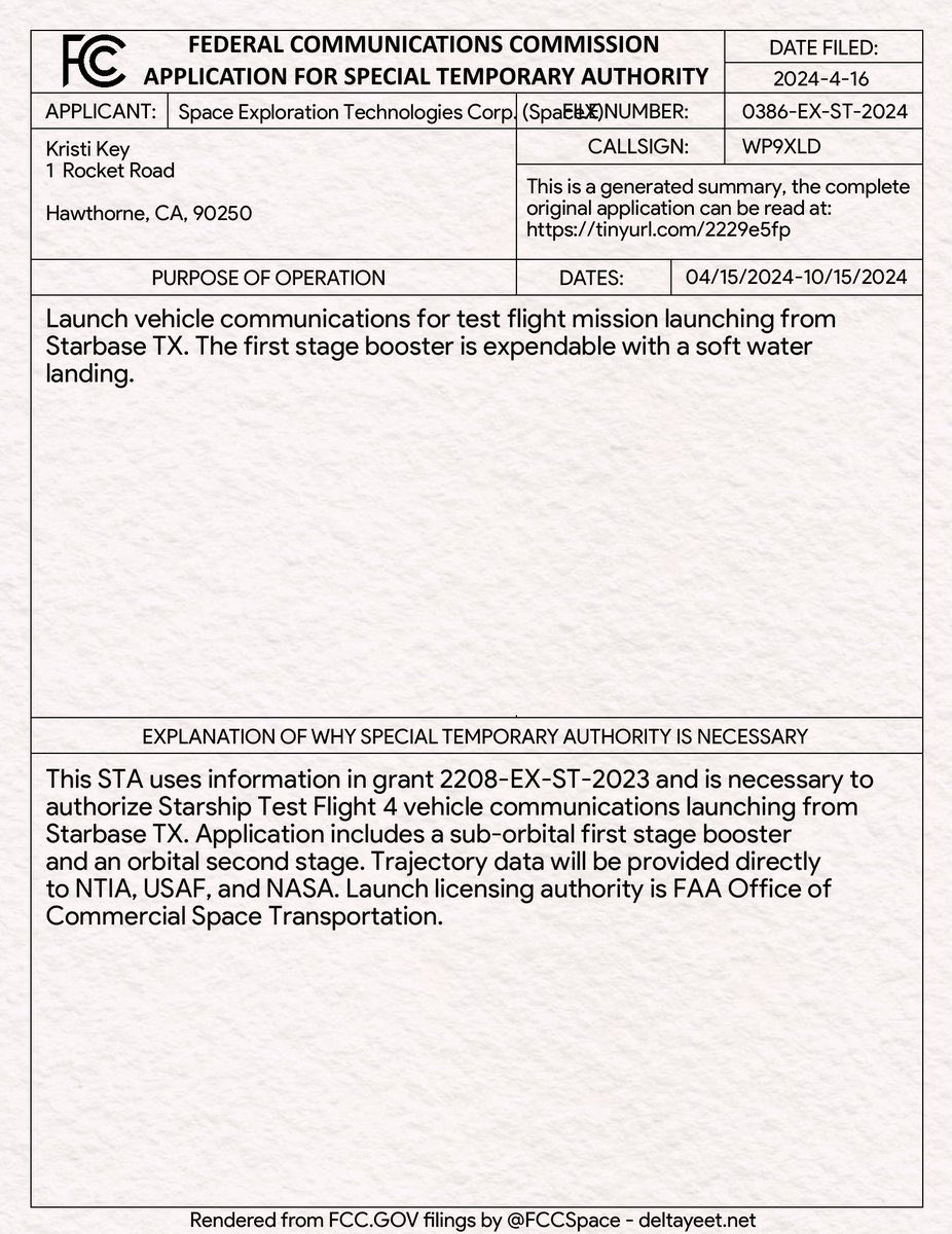 ufotinik's tweet photo. L’autorisation de communication de la FCC pour le vol 4 de Starship a été délivrée. Date du 15/04 au 15/10. https://t.co/CqGdurjoBY