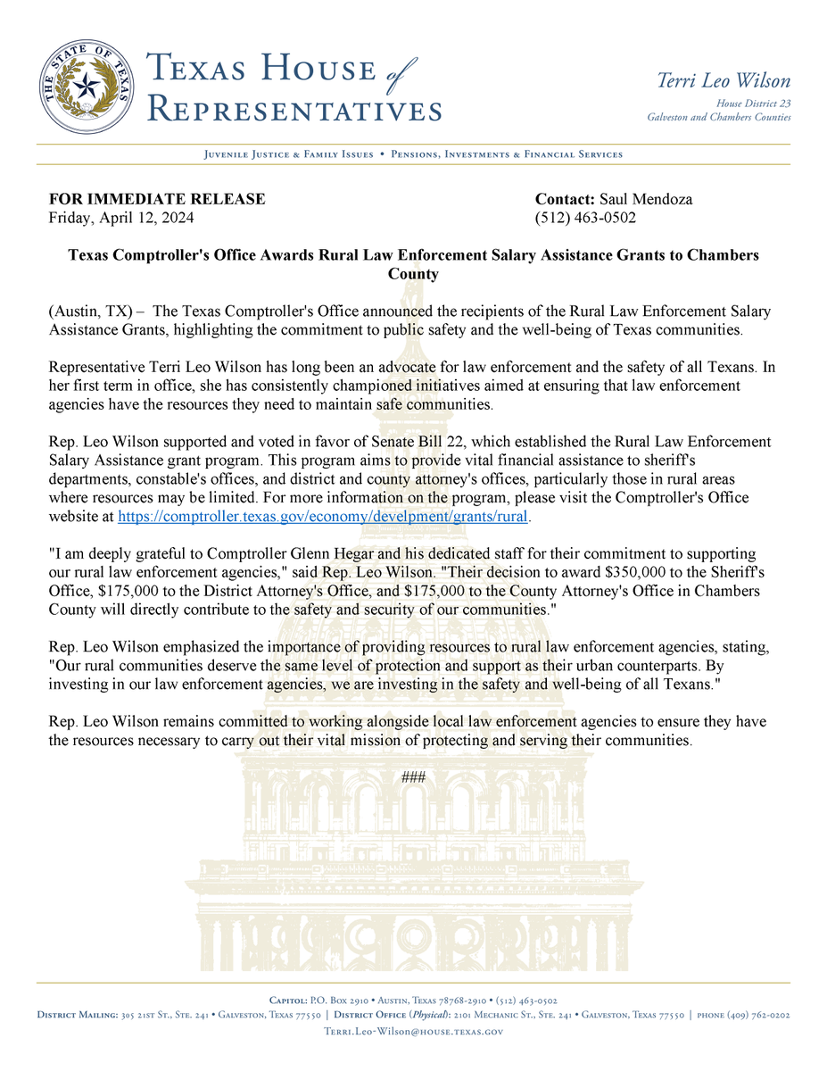 Proud to announce the Comptroller's Office has awarded Rural Law Enforcement Salary Assistance grants to Chambers County, ensuring our rural communities have the resources they need for safer neighborhoods. I was proud to support SB 22 which established this grant program.