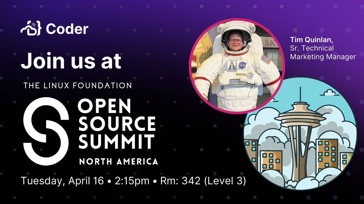 Awesome session alert 🚨. Join <a href="/trquacker/">Tim Q</a> talk on enhancing developer workflows with open-source tools! Discover how Backstage's catalog &amp; Coder's remote IDEs streamline project inception to documentation. Be there, today at 2:15pm, Room 342: cdr.co/3NzA5Nw #OSSummit
