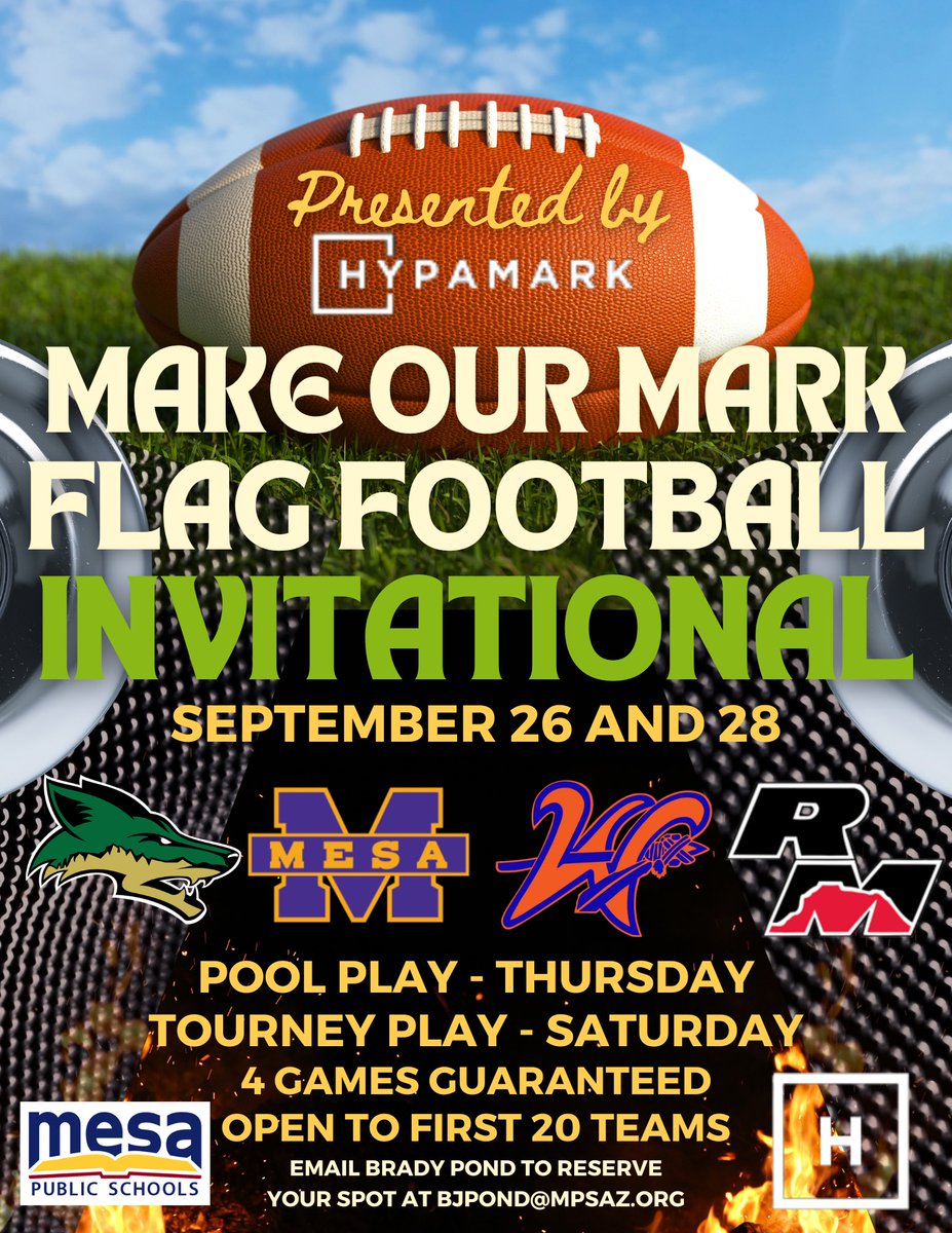Mesa Public Schools is proud to present the first AIA Girls Flag Football Tournament. Make our mark is presented by @hypamark! Email to get your spot! #growthegame @EubanksAD @MesaHSathletics @SkylineCoyote @RMAthletics @DobsonAthletics @MVTOROS_AD