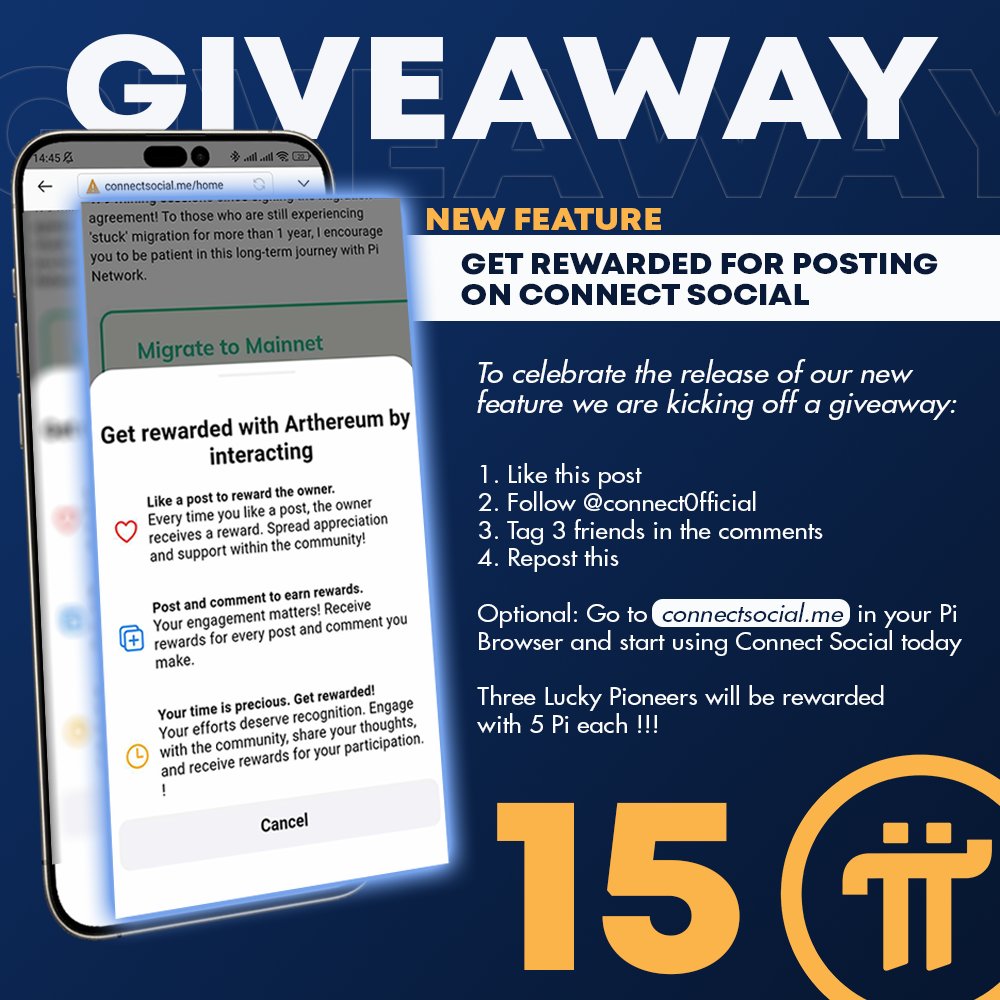 🎉 GIVEAWAY 🎉

📱 To celebrate the release of the new rewards feature on Connect Social, we are starting a Pi Giveaway !!!

1. Like this post (must be done)
2. Follow @connect0fficial (must be done)
3. Tag 3 friends in the comments (must be done)
4. Repost this post (must be…