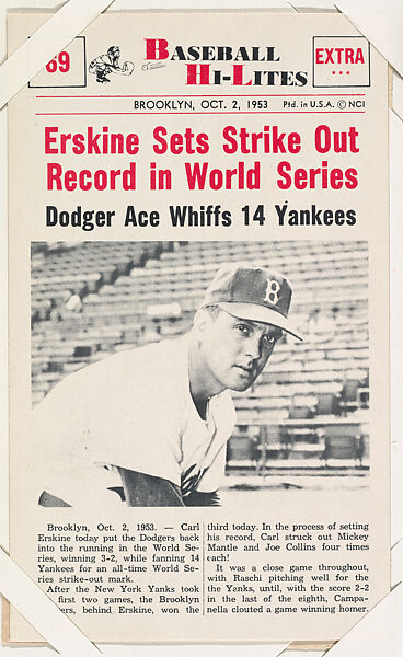 BillyBall's tweet photo. In Game 3 of the 1953 World Series, the Brooklyn Dodgers defeated the Yankees 3-2. Carl Erskine went the distance, striking out 14, including Mickey Mantle and Joe Collins four times each.
#Oisk https://t.co/sp96ldPJFS