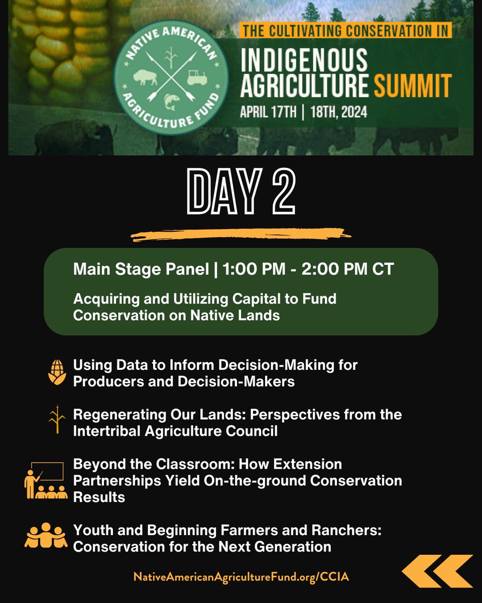 The (virtual) Cultivating Conservation in Indigenous Agriculture Summit will be from 1 PM - 5 PM CT on April 17, 18 🌾   Here is a quick look at our agenda, for more information or to register visit NativeAmericanAgricultureFund.org/CCIA • • • •