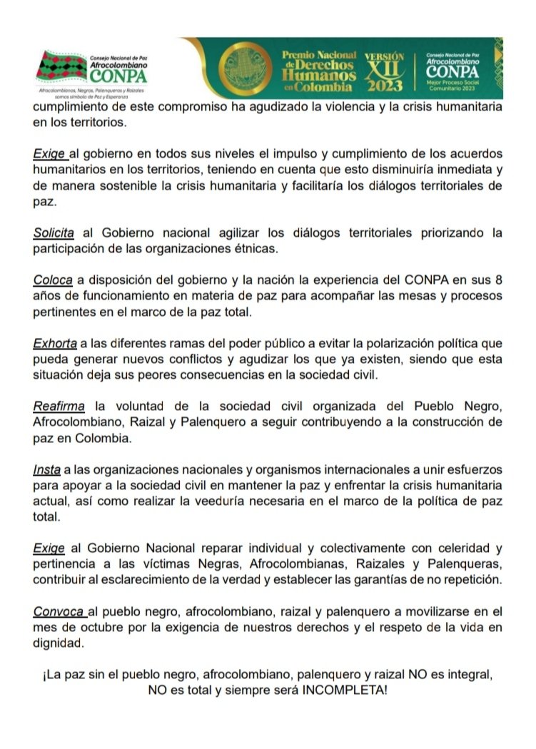 📢📢 ||DECLARACIÓN ASAMBLEA DEL CONSEJO NACIONAL DE PAZ AFROCOLOMBIANA (CONPA) 2024 ¡La paz sin el pueblo negro, afrocolombiano, palenquero y raizal NO es integral, NO es total y siempre será INCOMPLETA!✌🏿🕊️🏳️ #CONPA #PuebloNegro #Afrocolombiano #Palenquero #Raizal #LaJuntanz