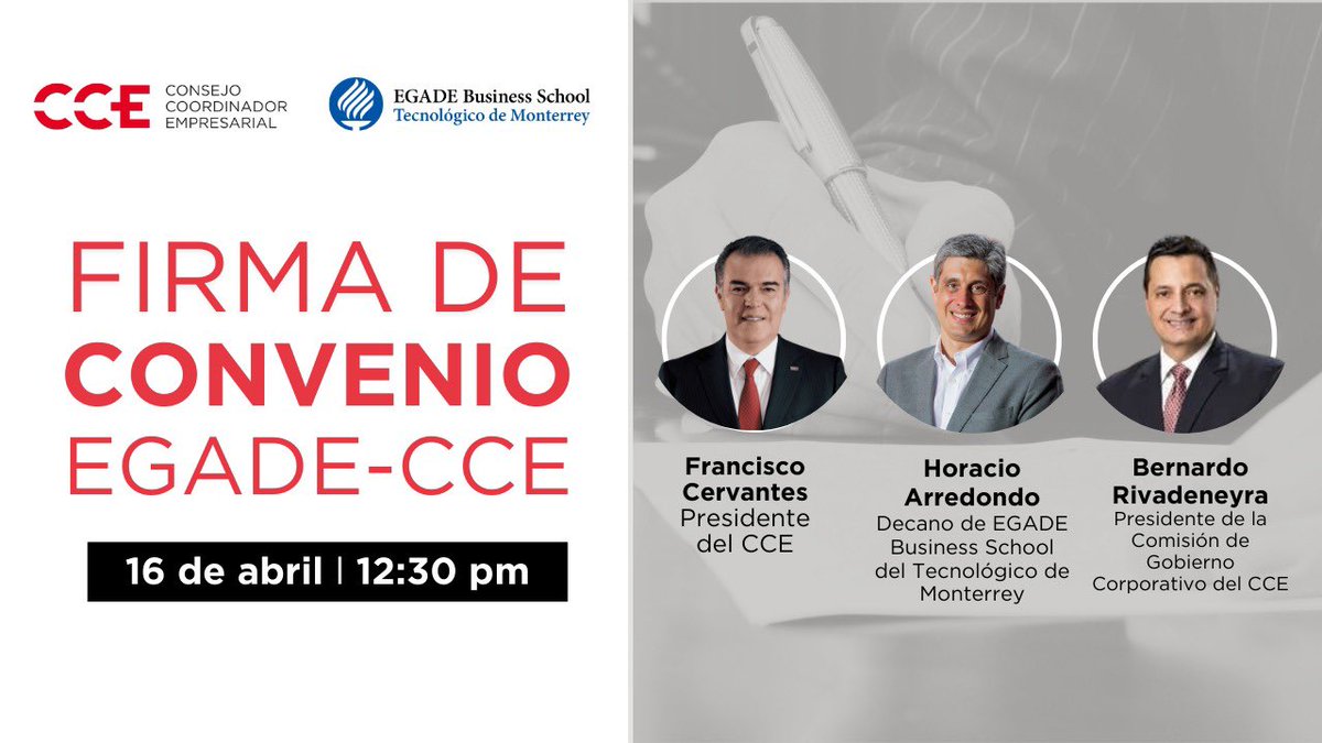 Consejo Coordinador Empresarial CCE (@cceoficialmx) on Twitter photo #EnVivo 🔴
Te invitamos a seguir la transmisión de la firma del convenio entre la <a href="/EGADE/">EGADE Business School</a> Business School del Tec de Monterrey y el #CCE.
Este acuerdo se centra en impulsar la capacitación y el desarrollo de la cultura empresarial. 💼🌱
👉🏼 ▶️ youtube.com/live/ZndPqfmwh… #EnVivo 🔴
Te invitamos a seguir la transmisión de la firma del convenio entre la <a href="/EGADE/">EGADE Business School</a> Business School del Tec de Monterrey y el #CCE.
Este acuerdo se centra en impulsar la capacitación y el desarrollo de la cultura empresarial. 💼🌱
👉🏼 ▶️ youtube.com/live/ZndPqfmwh…