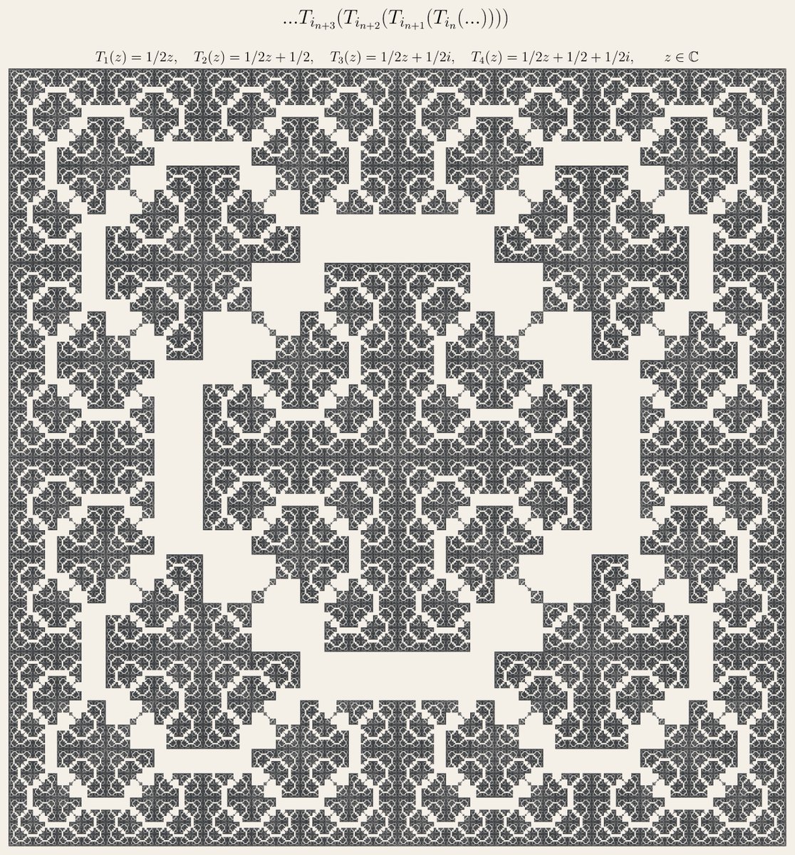 𝐀 𝐟𝐫𝐚𝐜𝐭𝐚𝐥 𝐜𝐚𝐫𝐩𝐞𝐭
In IFS with memory only some compositions of the IFS transformations are allowed.  They yield nice fractals even starting from simple affine transformations such as those below. Made with #python, #numpy and #matplotlib.