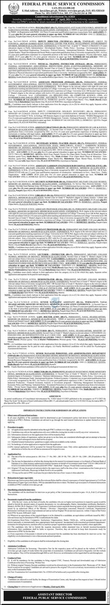 FEDERAL PUBLIC SERVICE COMMISSION ISLAMABAD | FPSC CONSOLIDATED ADVERTISEMENT NO. 4/2024