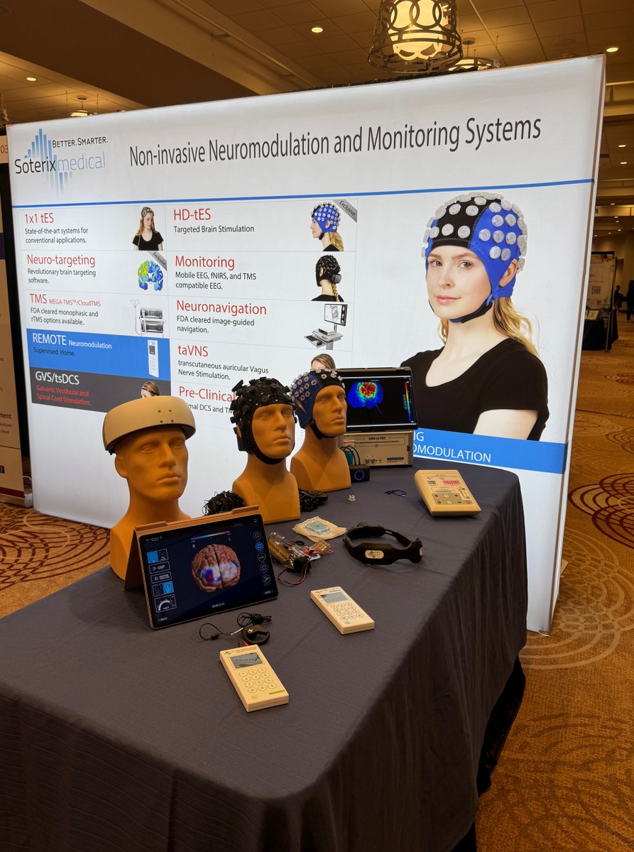 SoterixMedical's tweet photo. Last day to speak with our team at Booth 104 at the Cognitive Neuroscience Society Annual Meeting! Get a close-up look at our 1x1 #tDCS/#tES and #HDtDCS/#HDtES neuromodulation systems, neurotargeting software, wireless #EEG and #fNIRS solutions, and more. #CNS2024 @CNSmtg https://t.co/9J0C2g7S3k
