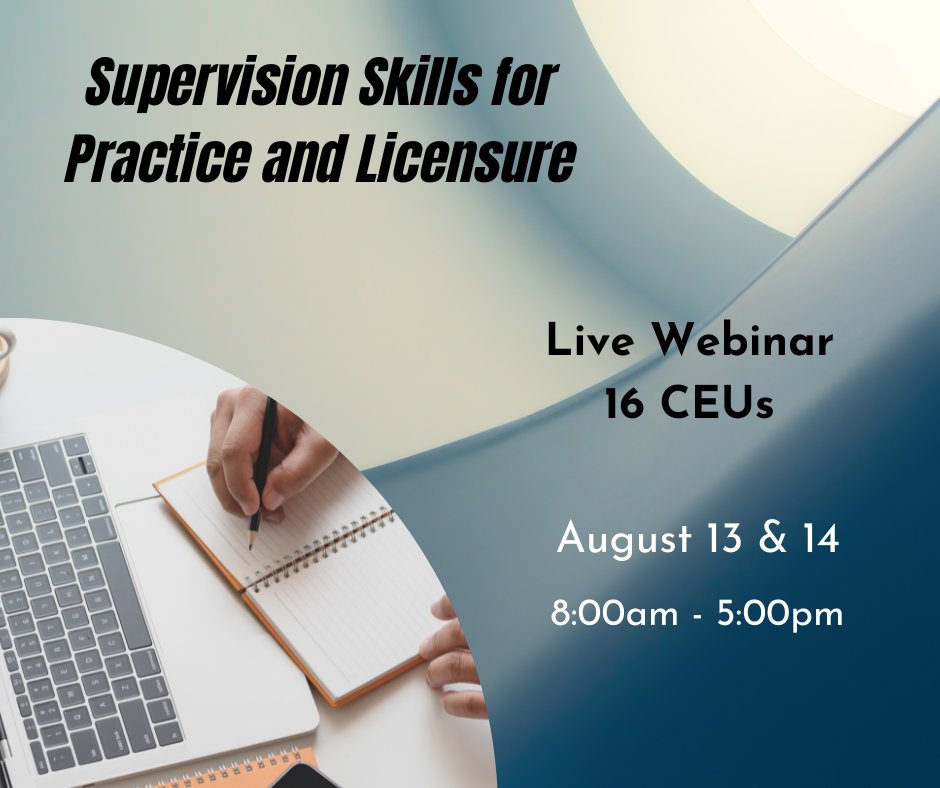 Want to supervise Missouri LMSWs? Join us August 13th & 14th! This course is for those who wish to supervise Missouri LMSWs seeking their clinical hours.
Prerequisite: tinyurl.com/yc46cnbp
To learn more and register visit: tinyurl.com/5xzwejt2