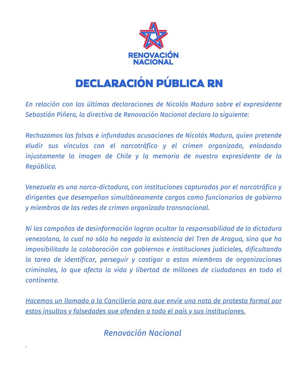 🔴 Declaración Pública de RN. Solicitamos al gobierno del Presidente Gabriel Boric, enviar una nota de protesta formal a Venezuela por enlodar injustamente la imagen de Chile y la memoria del expresidente de la república, Sebastián Piñera.