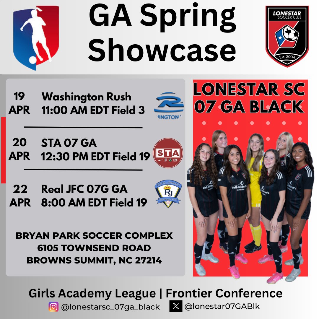 Heading back to the pitch this weekend in North Carolina! ✈️

Come by and check us out! 

#wearelonestar 

<a href="/LonestarSC/">Lonestar SC ⚽️</a> 
<a href="/LonestarGA/">Lonestar SC GA</a> 
<a href="/GAcademyLeague/">Girls Academy</a> 
<a href="/TopDrawerSoccer/">TopDrawerSoccer</a> 
<a href="/ImCollegeSoccer/">College Soccer Truth ™</a> 
<a href="/ImYouthSoccer/">ECNL/GA/Recruiting/College Soccer</a>