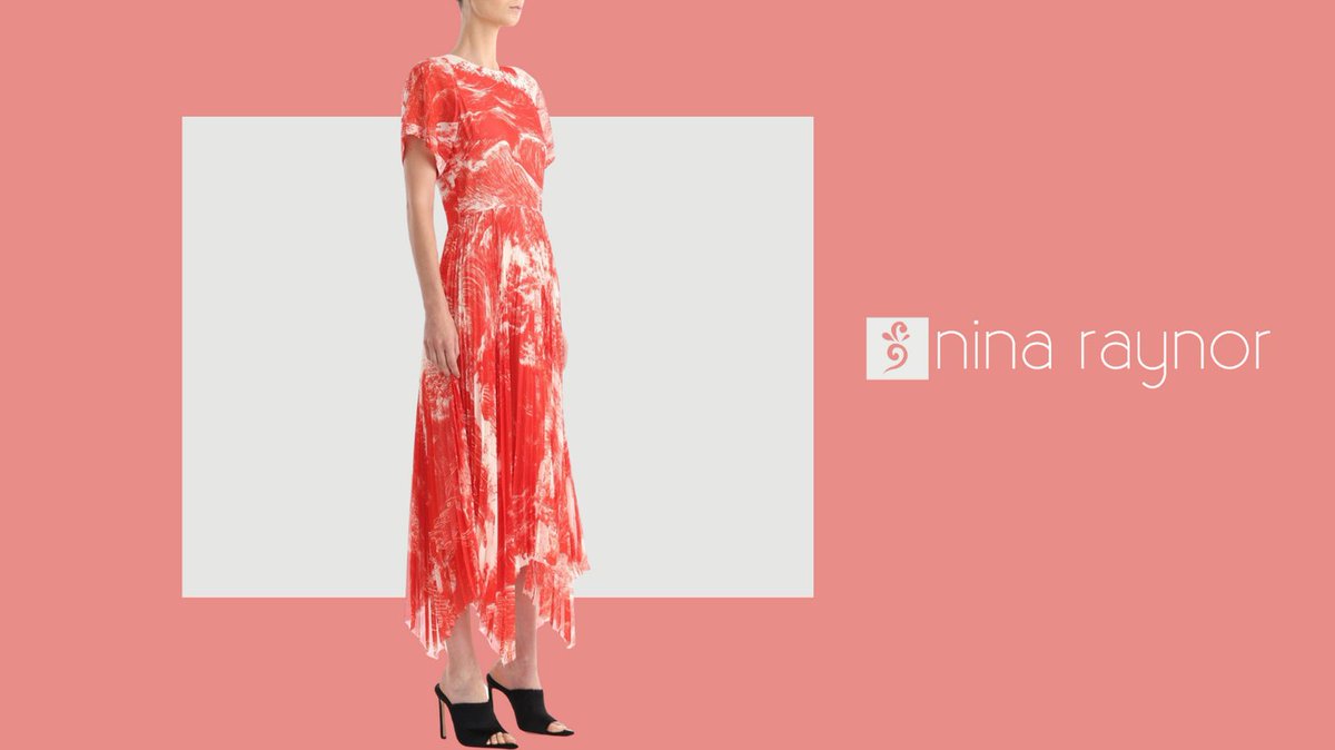 New from Jason Wu for spring, this light and airy midi dress features a fitted waist with handkerchief hem, and knife pleated skirt.  The vibrant abstract pattern is perfect for a spring or summer occasion. #dinnerdress #jasonwu #daydress #designerdress #summerdress #ninaraynor