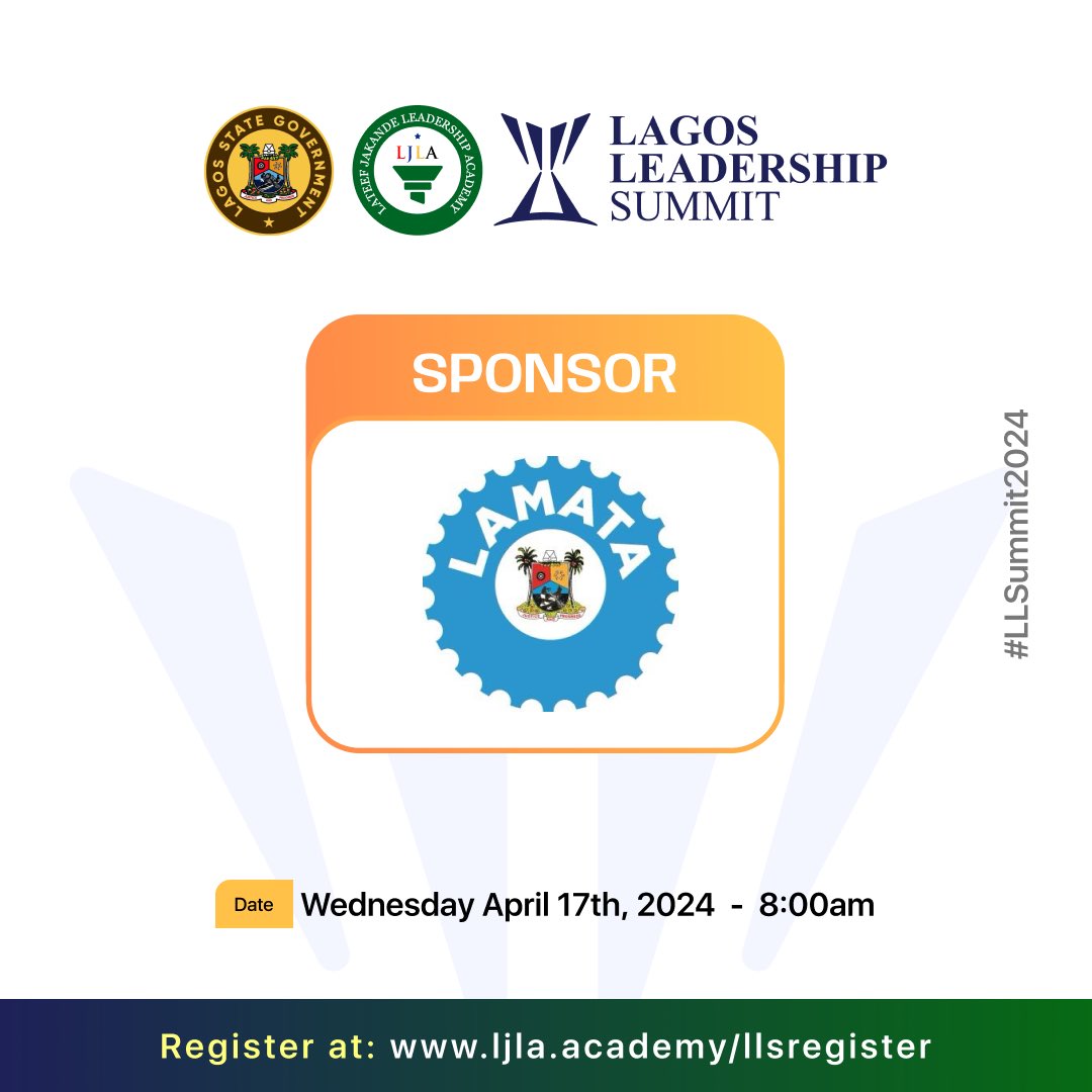 We are excited to unveil the Lagos Metropolitan Area Transport Authority(LAMATA), as one of the official partners of the Lagos Leadership Summit.

LAMATA  is an agency responsible for developing and implementing sustainable transport initiatives in Lagos, Nigeria.
@Lamataonline
