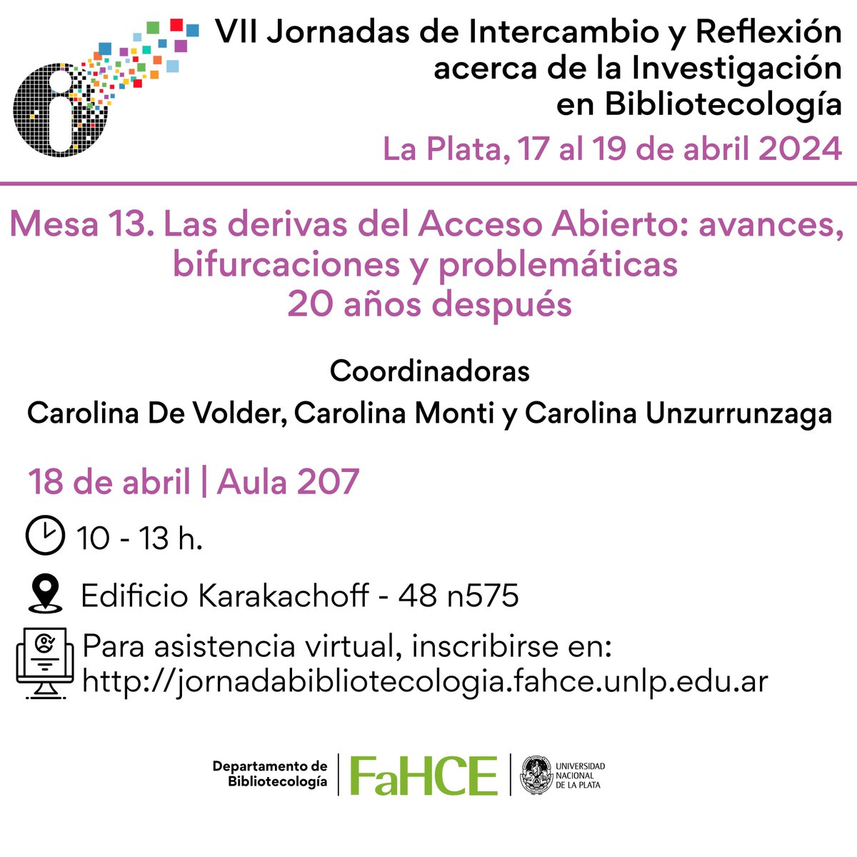 Mañana comienzan las Séptimas jornadas de investigación y reflexión en bibliotecología <a href="/unlp/">UNLP</a> <a href="/fahce/">FaHCE</a>  🇦🇷El jueves estaremos hablando de Acuerdos "transformativos" para el #AccesoAbierto Inscripciones aquí …nadabibliotecologia.fahce.unlp.edu.ar/jornadas-2024/… 🤠