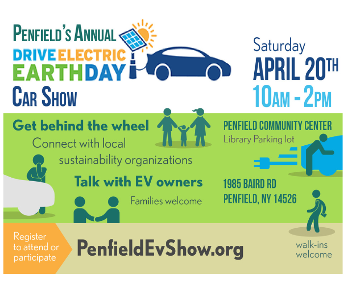 Come and check out a variety of EV models, talk to owners and dealers, and grab a snack! There will be activities for kids plus the Town of Penfield will be giving away native shrubs while supplies last! 

#Electricvehicles #EarthDay #GreaterRochester
