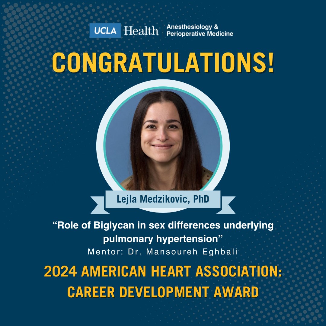 🎉Dr. Lejla Medzikovic, recipient of the 2024 AHA Career Development Award, researches if X-chromosome gene Biglycan influences sex differences in pulmonary hypertension. With 14 papers and the 2023 UCLA Chancellor’s Award, her work at Eghbali lab is making a significant impact.