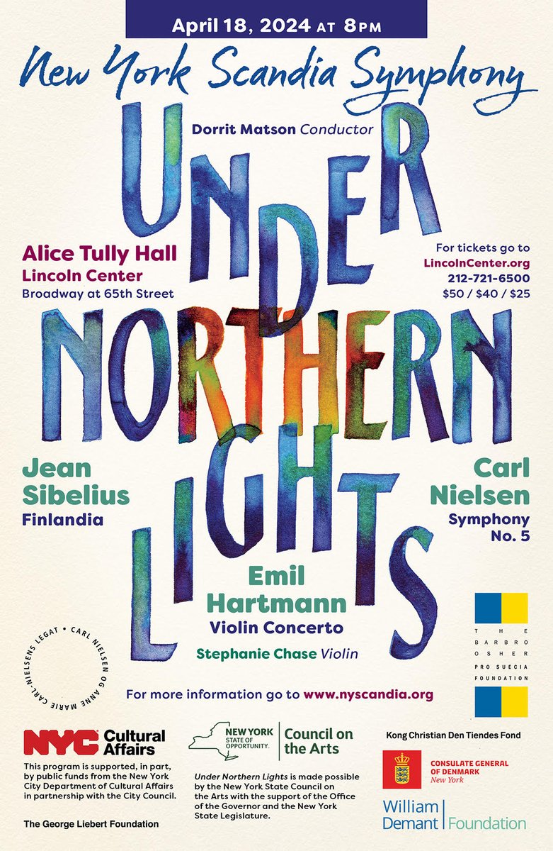 nyscandia's tweet photo. Tickets are still available to NY Scandia Symphony's Lincoln Center concert, "Under Northern Lights" at Alice Tully Hall, this Thursday, April 18th at 8pm, featuring violinist Stephanie Chase.
https://t.co/BJUWCq38gn  or 212-721-6500 for tickets. https://t.co/r2mIPkug6F