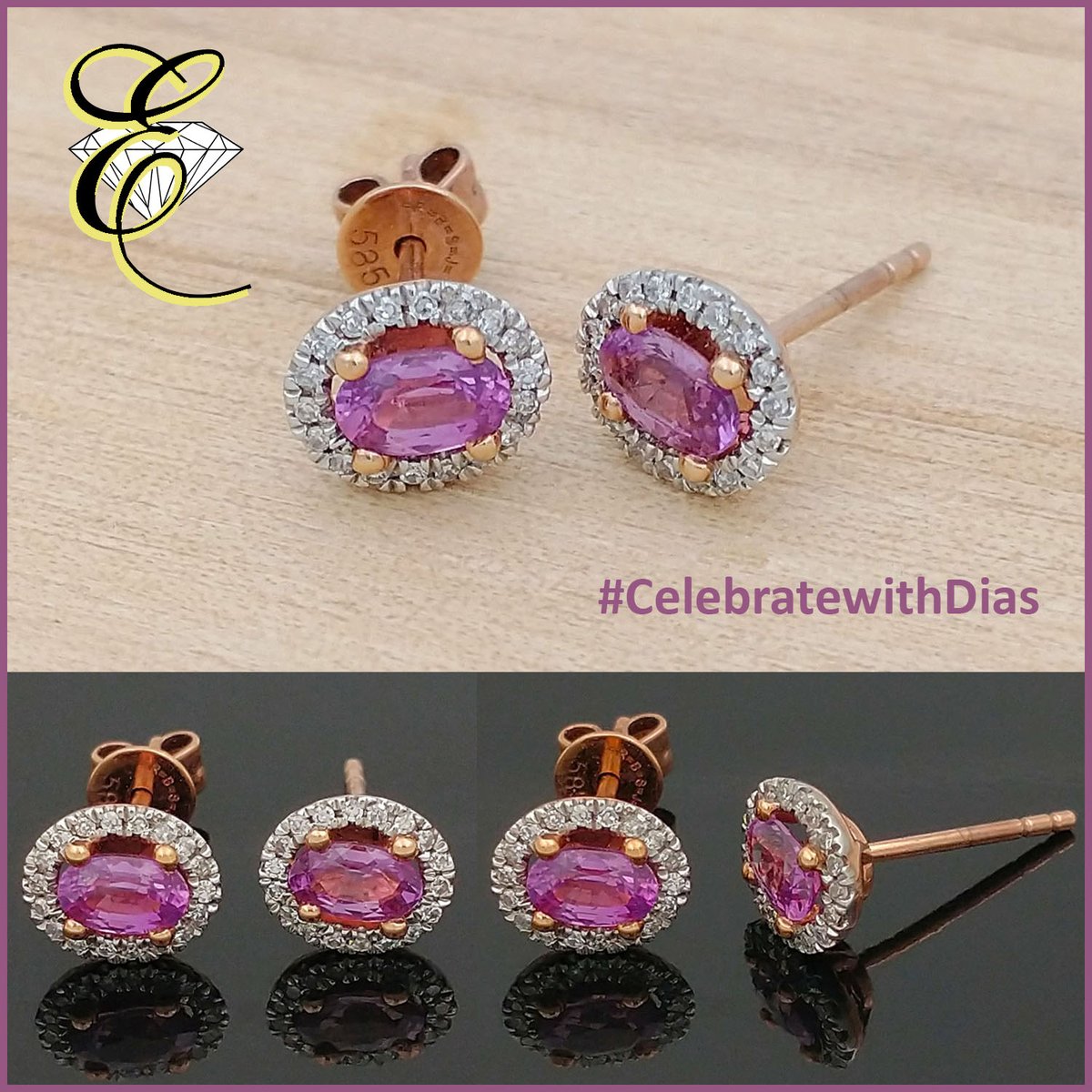 14K rose gold pair of pierced Earrings with 2 oval Pink Sapphires totaling .60 carat and 36 Diamonds, by Michael Couch $1,440. eichhornjewelry.com #start2sparkle #alwaysthinkDIAMONDS #eichhornglow #1diamondatatime #CelebratewithDias #ColorWithYourDias