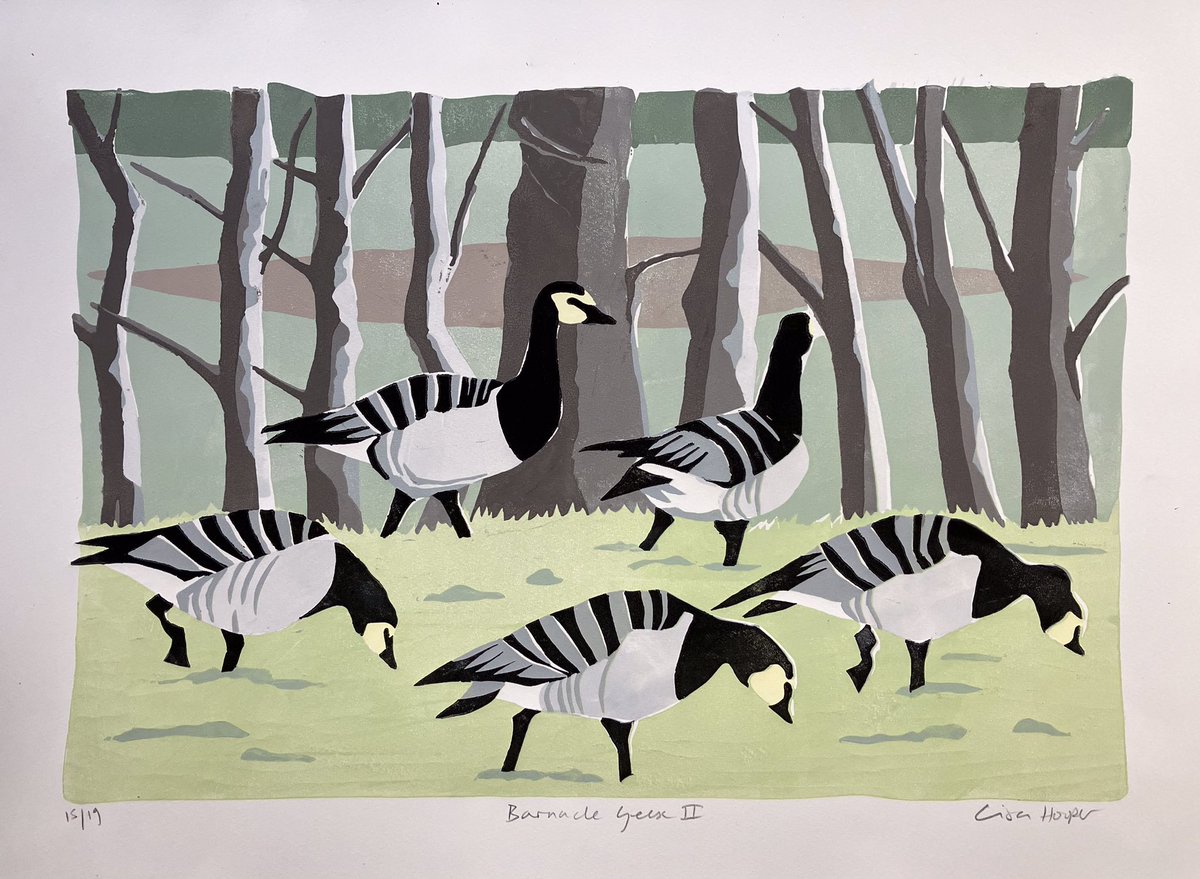 Latest linocut of Barnies.  Filling up in March for their return flight to Svalbard!