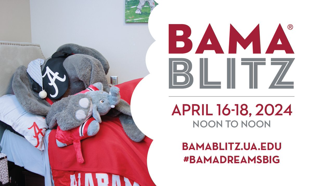 Bama Blitz 2024 starts NOW! ⏰ Every dollar invested in scholarships is an investment in the next generation of leaders, thinkers and innovators. Let's make dreams a reality! Make your gift now through noon on April 18: bamablitz.ua.edu/giving-day/792…