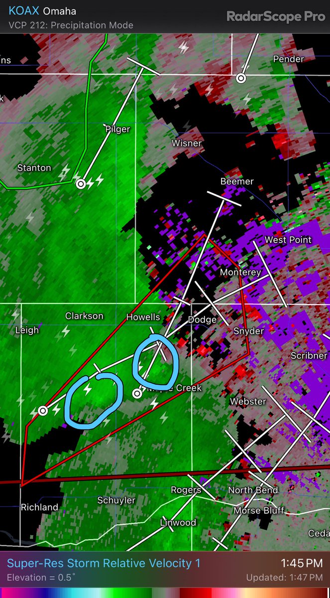 TORNADO WARNING issued for Colfax, Cuming, and Dodge Co. until 2:30PM. Possible two tornadoes (one spotter observed so far) between Howells and Maple Creek. Seek shelter now if you’re within the red box!