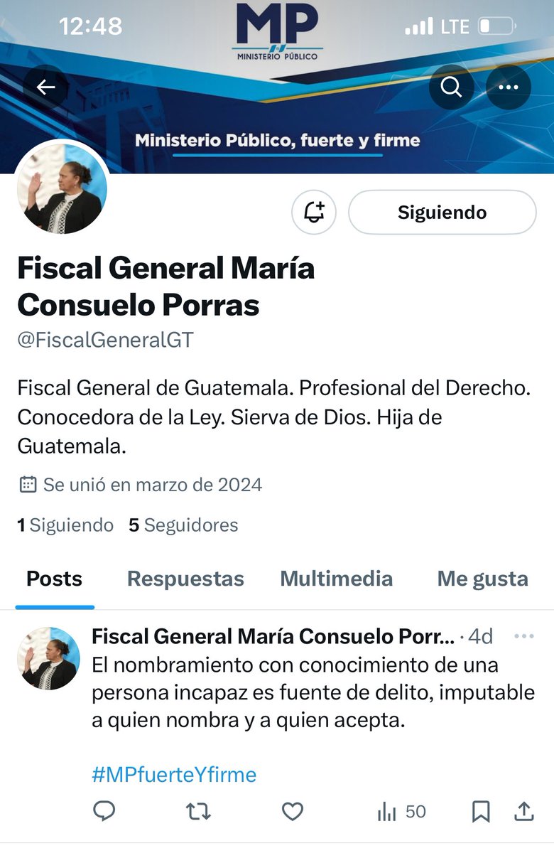 Se estrenó en X ? Aparece cuenta de la Fiscal General Consuelo Porras . La cuenta @FiscalGeneralGT fue activada en marzo pasado. Será real o apócrifa ? 😯. Cuenta con pocos seguidores. Verificaremos con Comunicación del @MPguatemala si es una cuenta real .