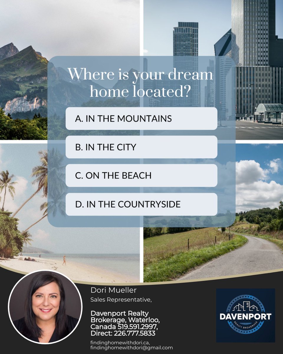 What's your dream home location—mountains, city, countryside, or beach? Share your ideal setting.

#dreamhome #perfectlocation #mountainretreat #citylife #countrysideliving #beachfront #waterlooregion #waterlooregionrealestate #findinghomewithdori #kwawesome #lovemyhood
