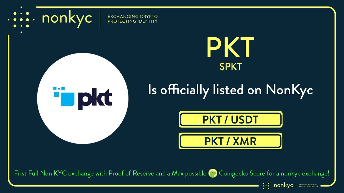 #PKT #PKTcash @pktcash is officially listed on #NonKYC Exchange 🤩 ➡️ bit.ly/ChrisNonKYC Trading pairs: $PKT / $USDT $PKT / $XMR Follow: @nonkyc_exchange 👌 #listing #Bitcoin #Crypto #cryptocurrency #CryptoNews #Exchange #privacy #listingalert #Cryptotwitter #newlisting…