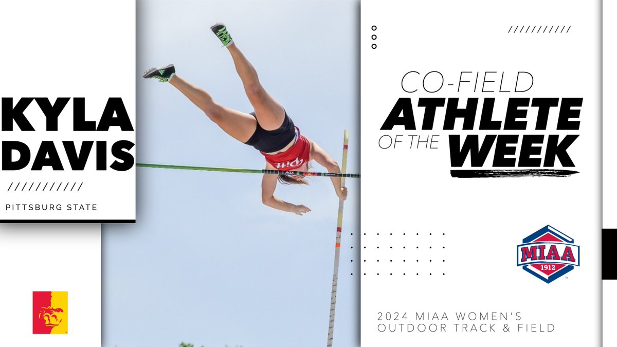 Pitt State's Kyla Davis won the pole vault at the Pacific Coast Invitational with the second-best mark in Division II to be named the 𝘾𝙊-𝙈𝙄𝘼𝘼 𝙁𝙄𝙀𝙇𝘿 𝘼𝙏𝙃𝙇𝙀𝙏𝙀 𝙊𝙁 𝙏𝙃𝙀 𝙒𝙀𝙀𝙆🦍⤵️ 📰 bit.ly/3U4ibWr #BringYourAGame